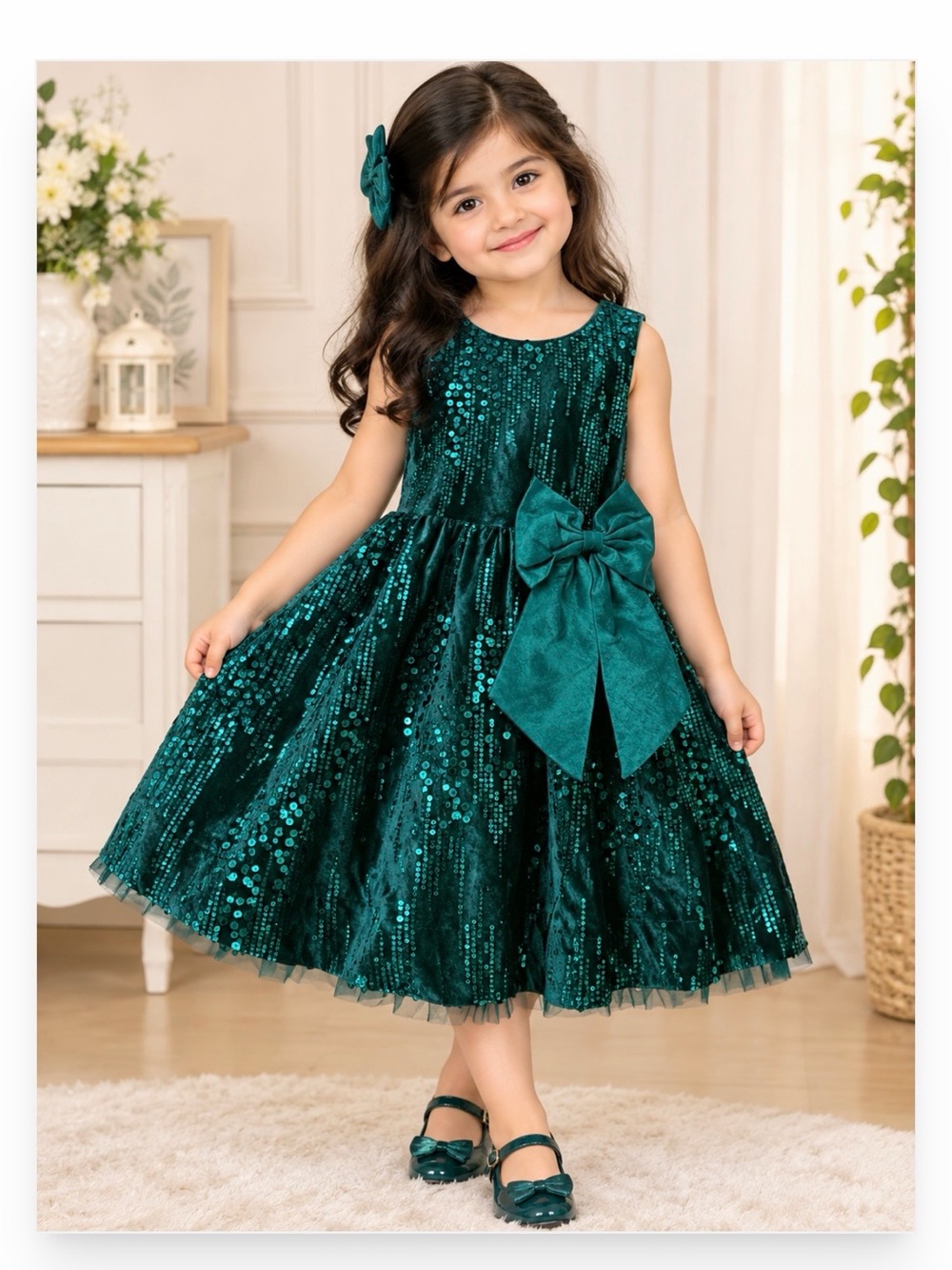 Hunter Emerald Green Sequin Bow Party Dress for Girls